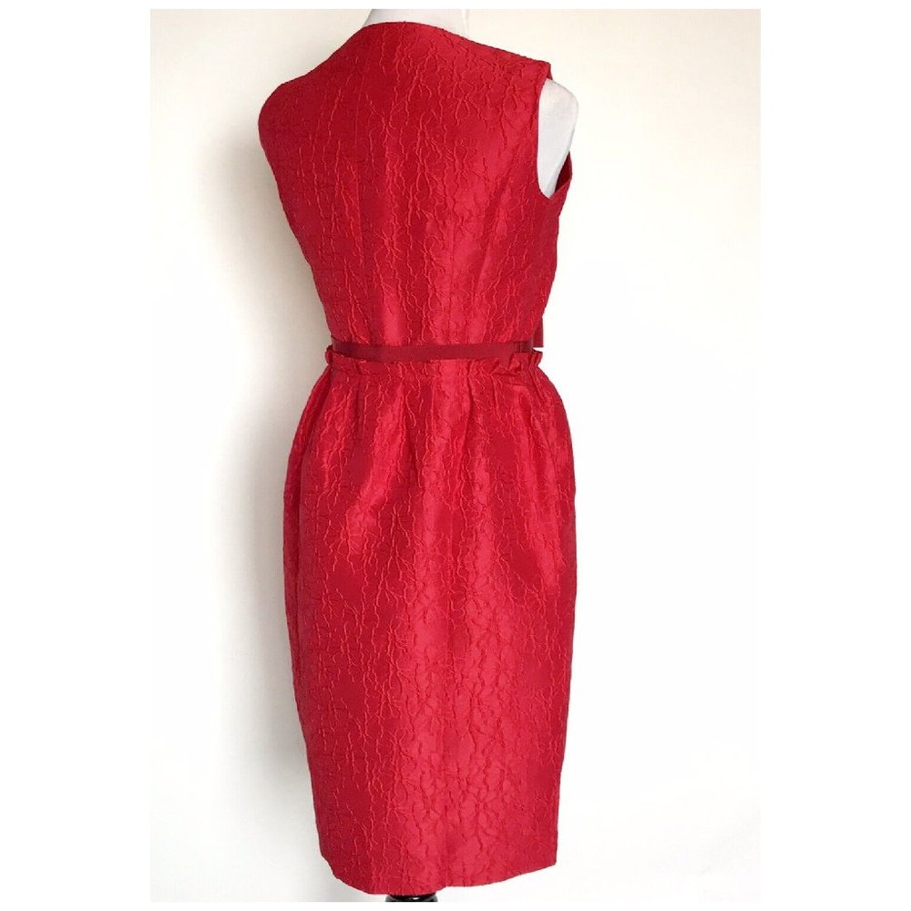 Carolina Herrera Red Bow Sleeveless Cocktail Dress 12 Ribbon Waist Floral Satin - Picture 3 of 14